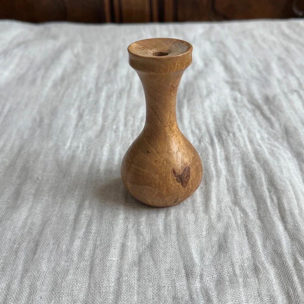 Antique Hand Carved Maple Burr Bud Vase Small Wooden Art Signed‎ 1997